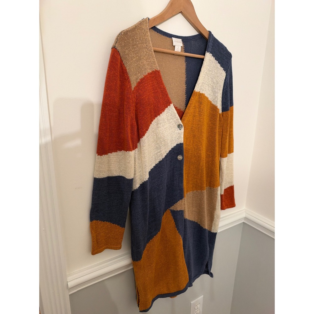 Chico's Geometric Color Block Cardigan Duster Sweater Fall Southwestern 2 Large - Picture 2 of 9
